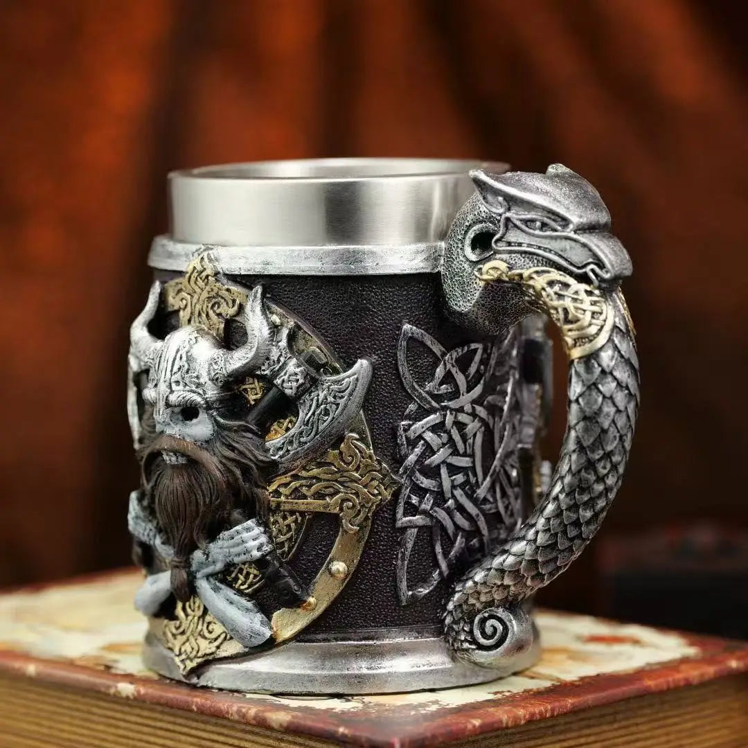 Viking Dragon Head Medieval Nordic Style 3D Resin Stainless Steel Beer Mug Home Desk Decoration Collectible Gift For Men