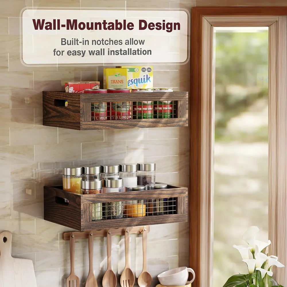 2 Pack Rustic Wooden Nesting Crates, Wall Mount Storage Baskets with Full Accessories, Multipurpose Organizer for Kitchen Pantry Bathroom Fruit Bread