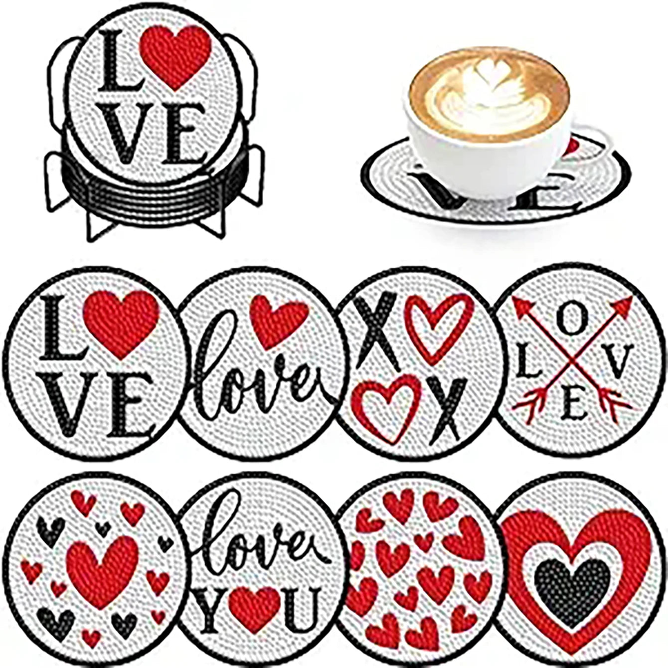 8 pieces/set of dog, beach, lighthouse pattern diamond painted coaster set, sparkling rhinestone heat-resistant beverage mat wit