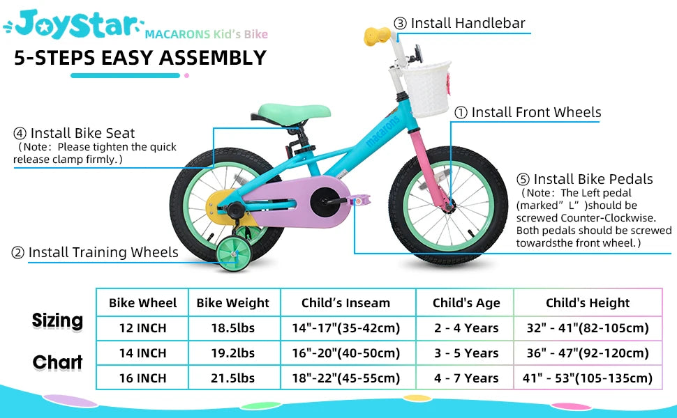 JoyStar Macaroon Kids Bike With Training Wheels And Front Basket