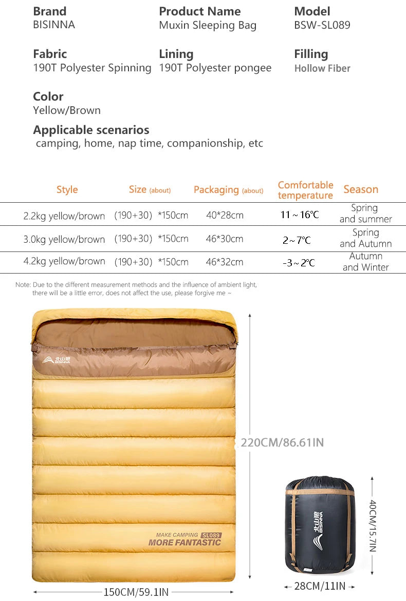 BISINNA 2 Person Camping Sleeping Bag Four Seasons Portable Winter Sleeping Bag for Outdoor Camp Travel Hiking
