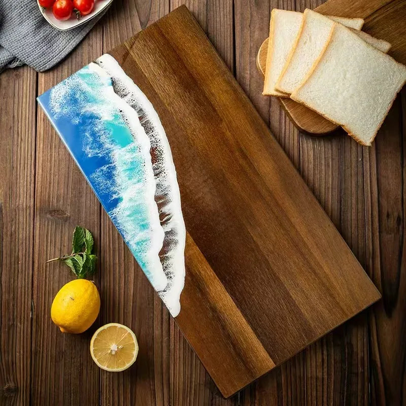 Acacia Wood Cutting Board with Epoxy Resin Crafted Ocean Waves Decor Kitchen Meal Prep & Charcuterie Cheese Board Challah Board