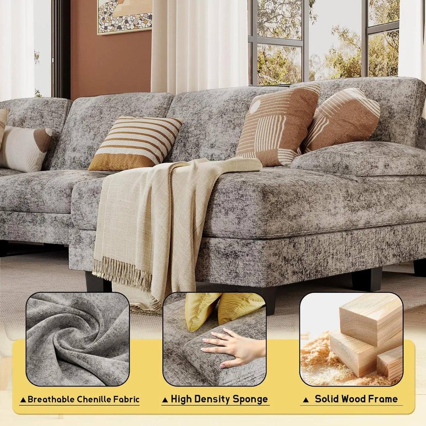 U Shaped Chenille Sectional Sofa for Small Living Room Apartment with Removable Pillows Grey