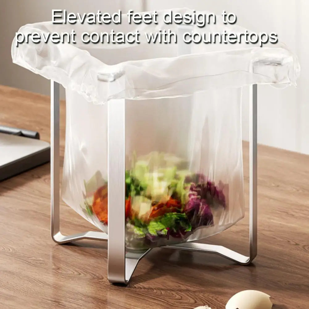 Foldable Garbage Bag Holder Stainless Steel Trash Bag Stand Countertop Waste Bag Support Rack Kitchen Sink Food Scrap Organizer