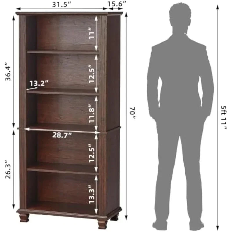 SAVOR LIFE 70" Tall Walnut Bookshelf,5 Tier Wooden Book Shelf with Adjustable Shelves & Wood Legs,Free Standing Farmhouse