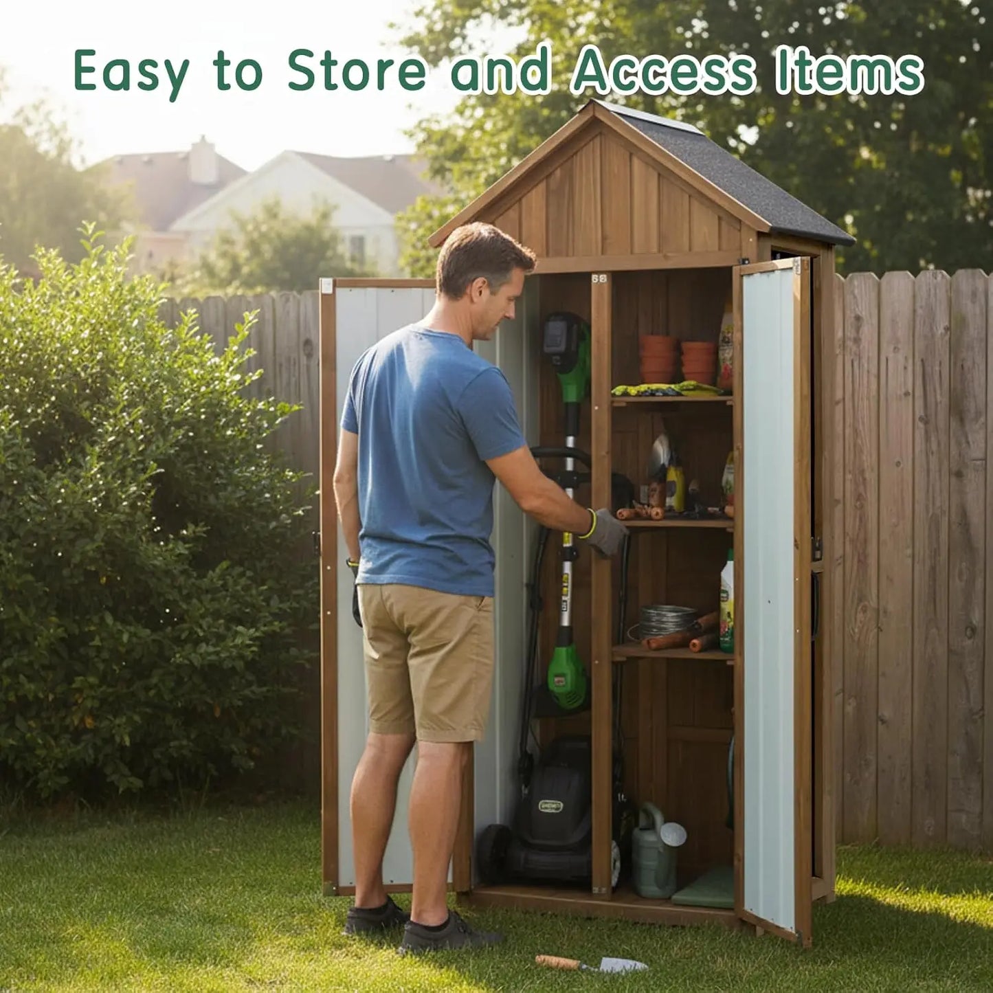 Wood & Metal Outdoor Storage Cabinet with Lockable Doors & Sloping Roof for Patio Backyard Garden Tool, Brown, Custom