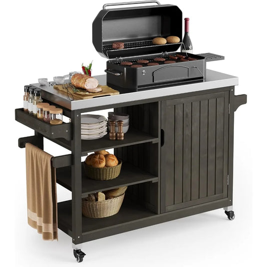 Solid Wood Outdoor Grill Cart With Stainless Table