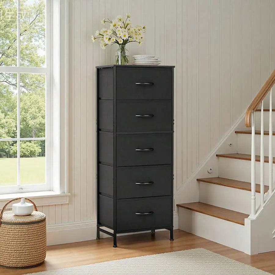 Sweetcrispy 5 Drawer Dresser With Fabric Bins, Sturdy Steel Frame And Wood Top, Storage Organizer Chest For Bedroom, Closet, Hallway, Black