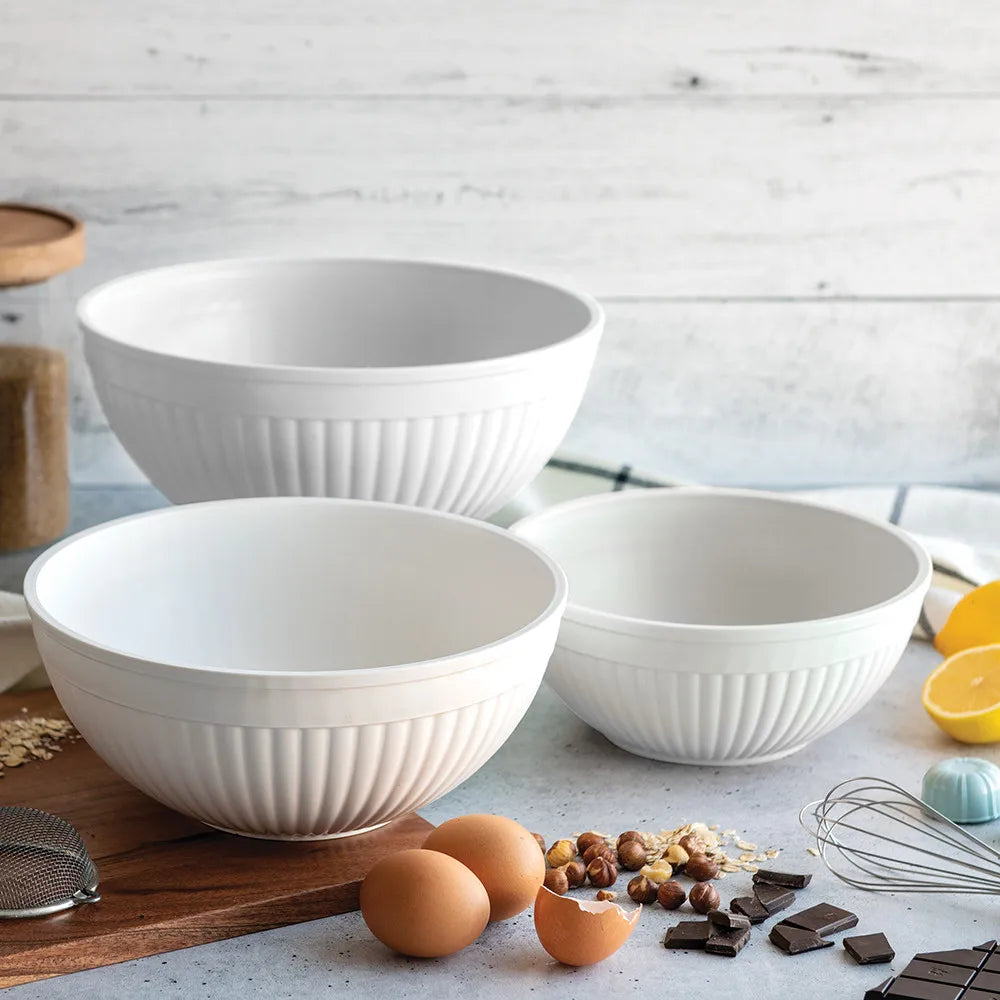 3-piece white mixing bowl set for food prep and serving
