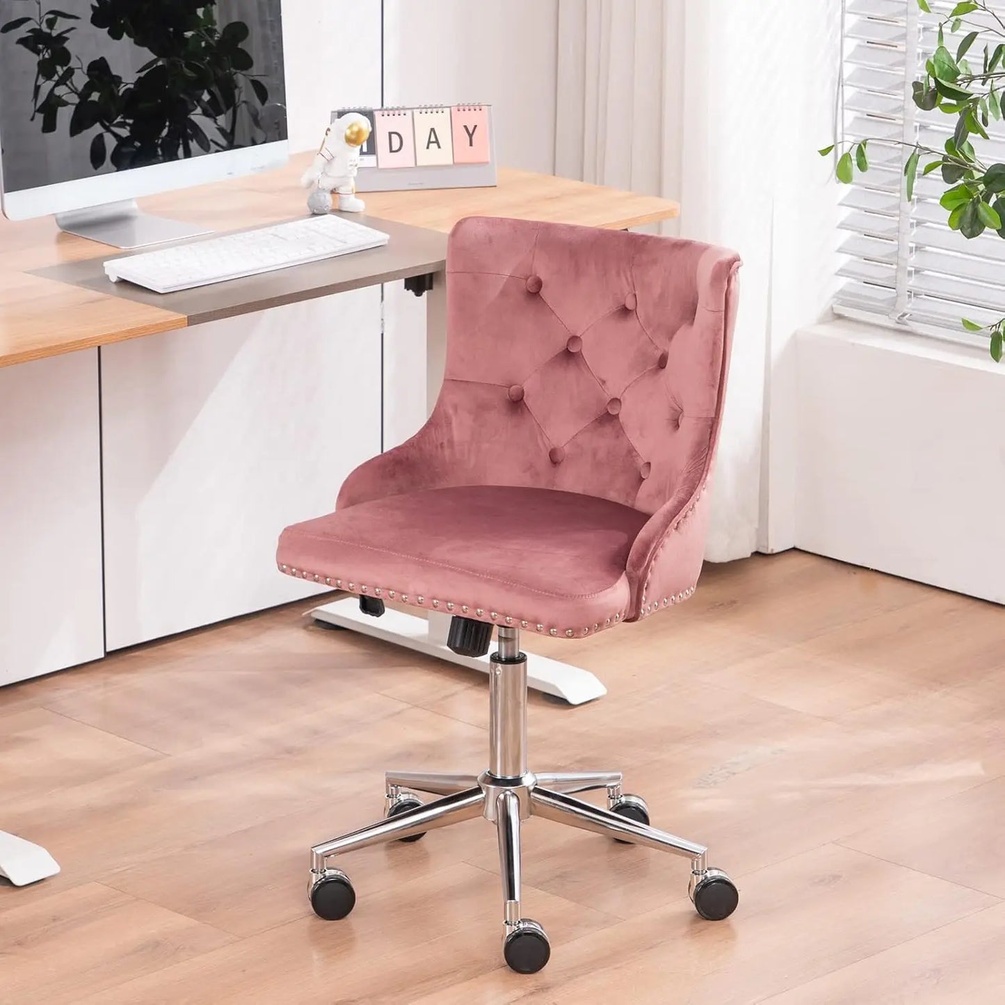 Luxurious Velvet Tufted Armless Office Chair With Wheels