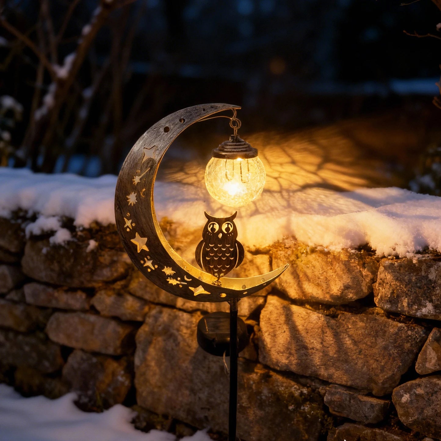 Solar Moon Ground Light With Decorative Owl And Glass