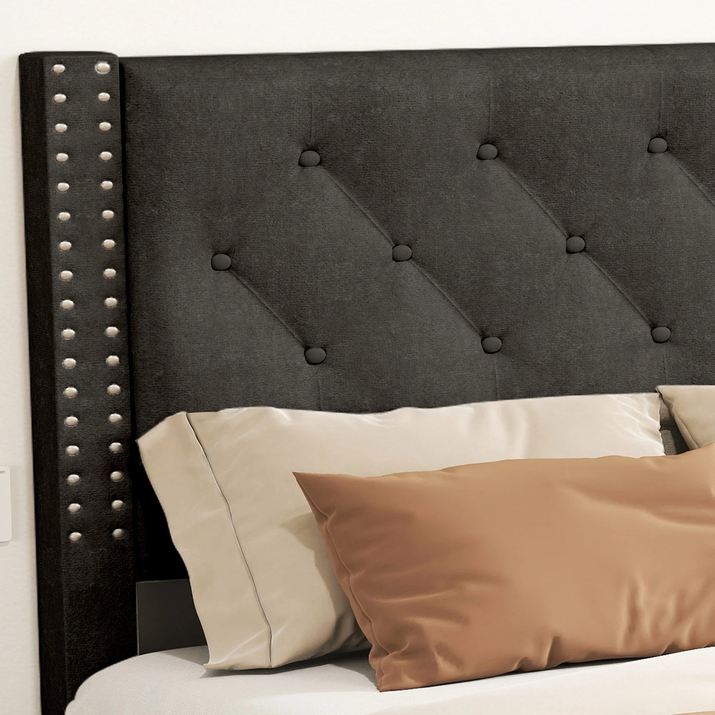 81.50×55.12×48.43inch Full Size Bed Frame w Upholstered Button Tufted Headboard Wood Slat Support Metal Platform Bed Frame