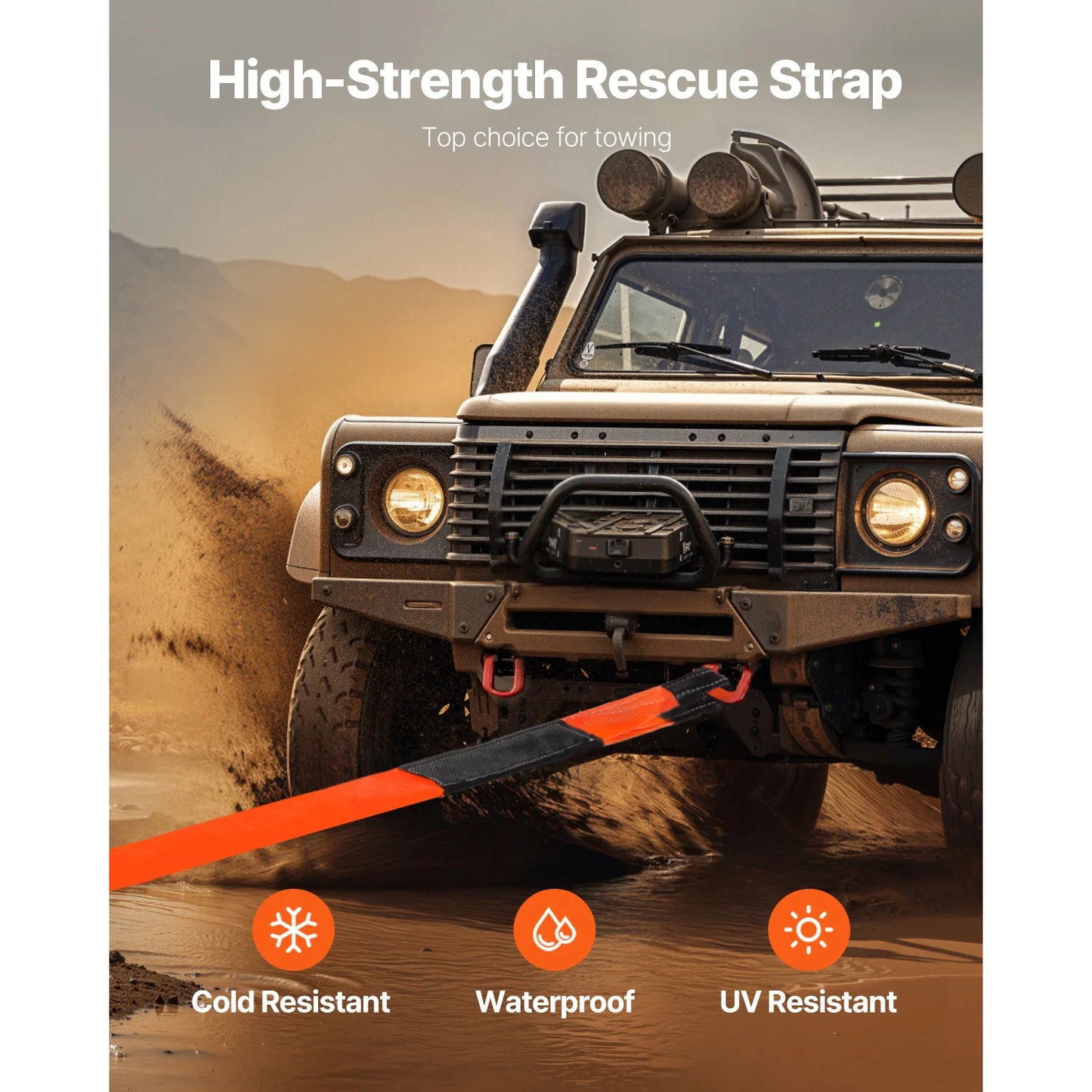 SucceBuy 36000 lbs Recovery Tow Strap 3inx8ft Winch Line Extension Strap Reinforced Loop Straps for Off Road Towing & Tree Saver