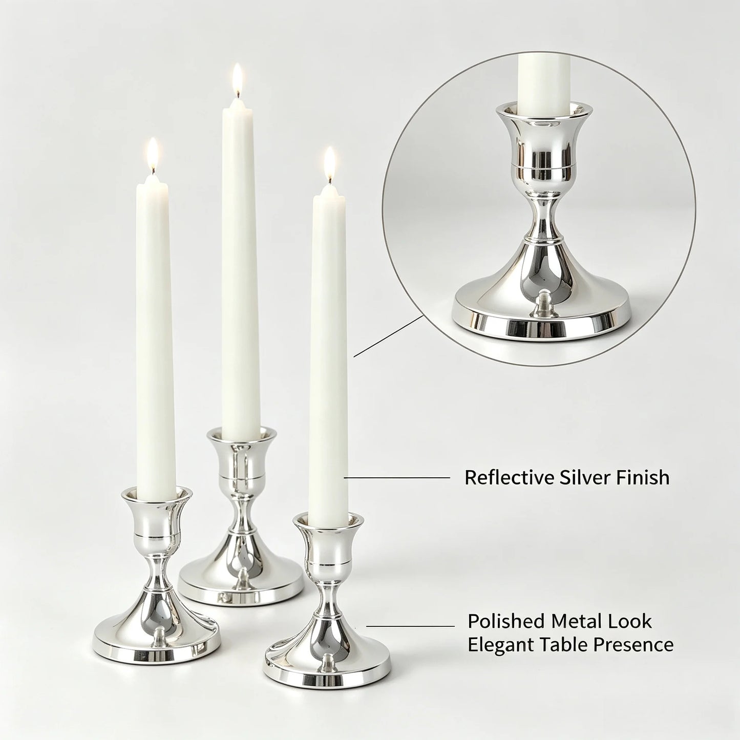 New Sliver Low Profile Candle Holder Sets Minimalist Pillar Candlestick in 3 Sizes Decorative Candle Stand for Table Centerpiece