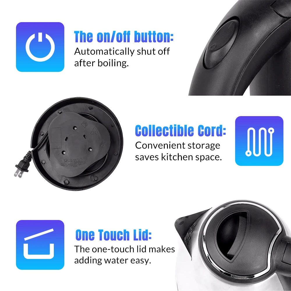 2L Stainless Steel Electric Kettle Fast Boil Water Heater Auto Shut Off Dry Boil Protection 360° Rotating Base BPA Free Household Water Boiler for Home Kitchen