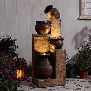 Cascading Modern Water Fountain with Warm Lights for Garden