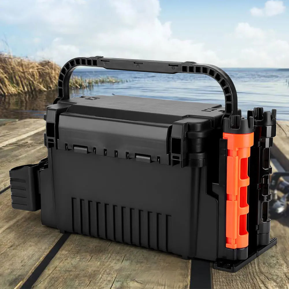 2 Tier Fishing Tackle Box Fishing Gear Box with Cup & Rod Holder Fishing Tackle Storage Box Fishing Tool Box Fishing Accessories