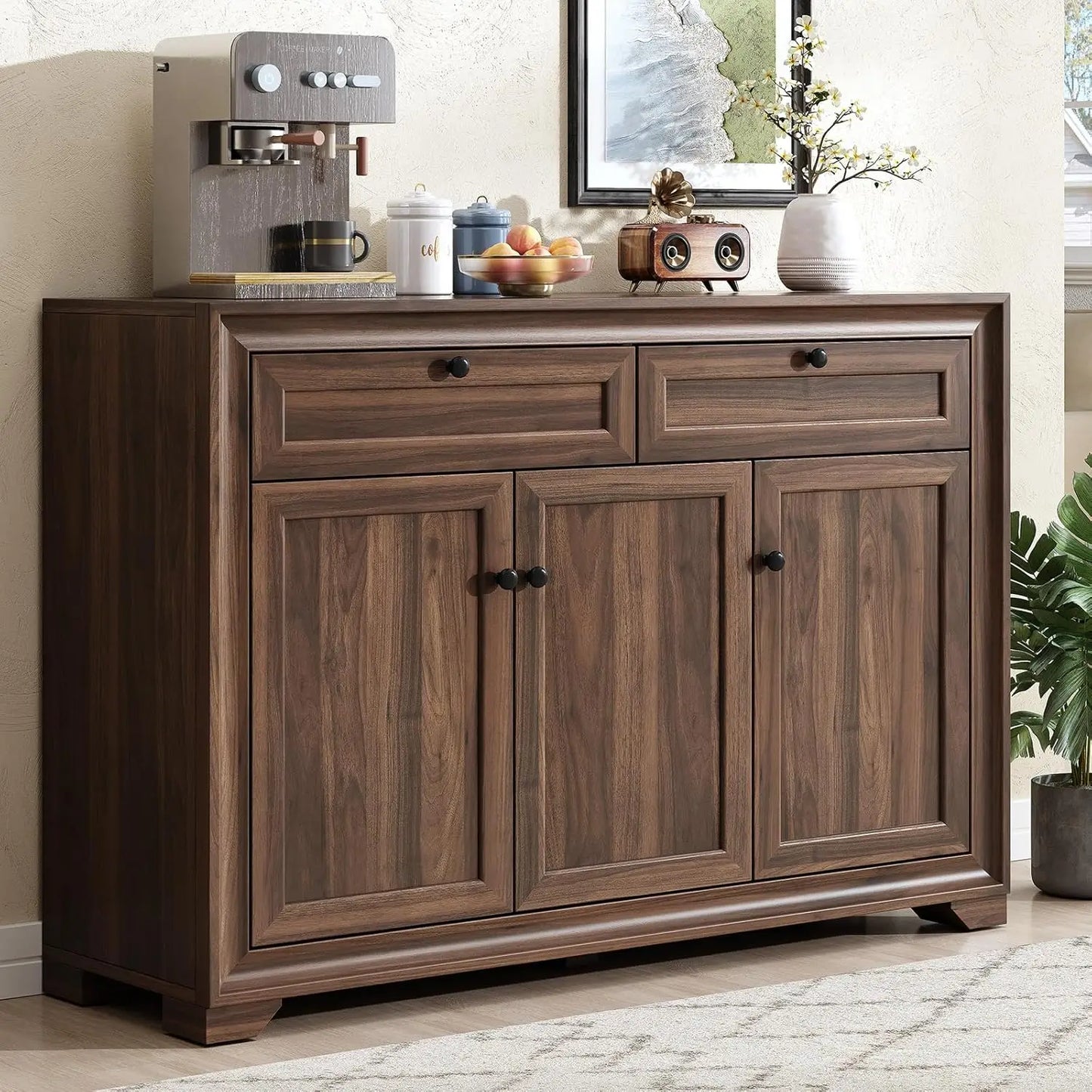 48" Sideboard Storage Cabinet with 2 Drawers + 3 Doors | Wood Coffee Bar Cabinet, Buffet Table Adjustable Shelves Farmhouse Style for Home Kitchen Living Room