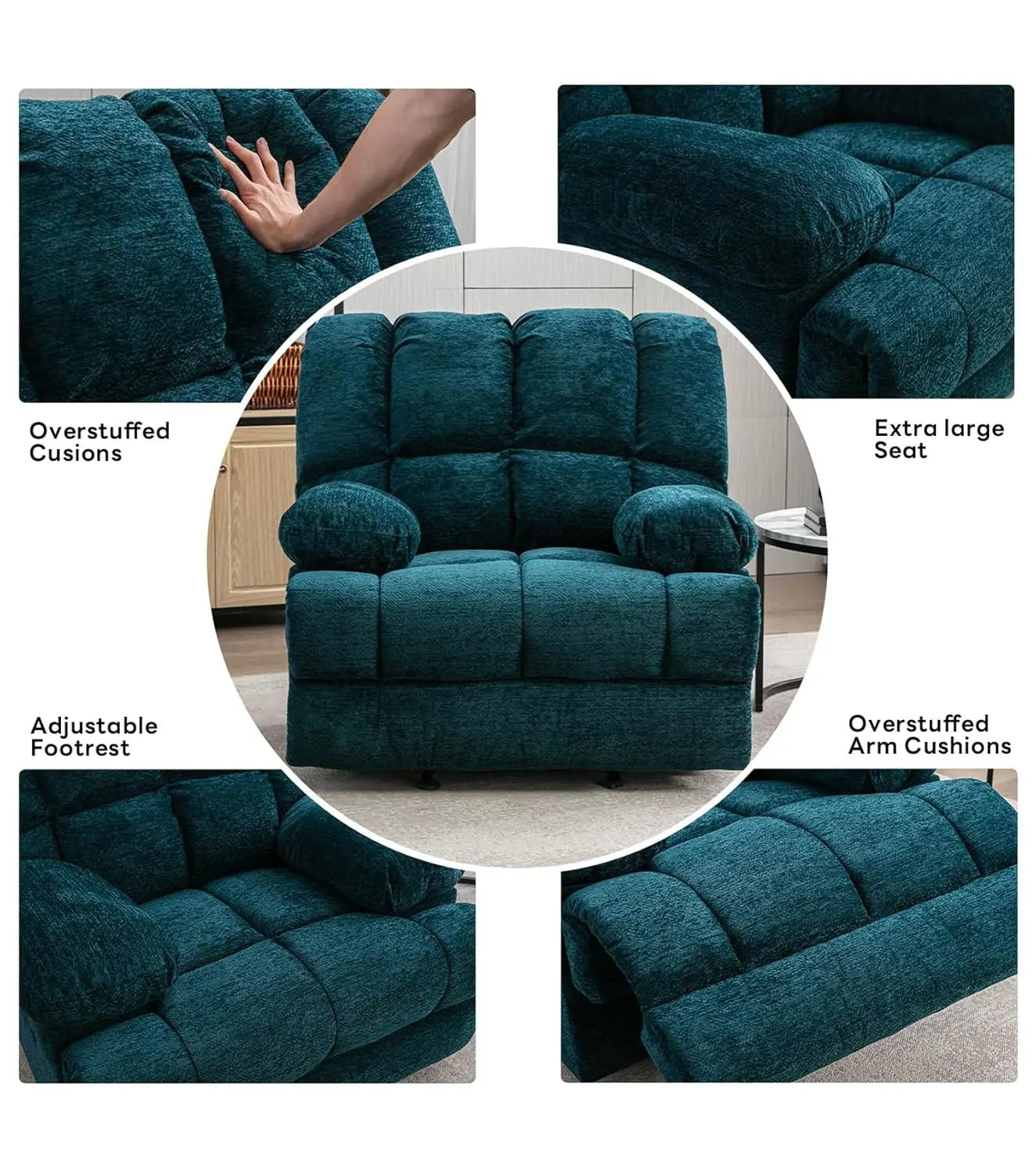 Oversized Rocker Recliner Chair Manual Soft Big Man 350 LBS Living Room Teal, Customized