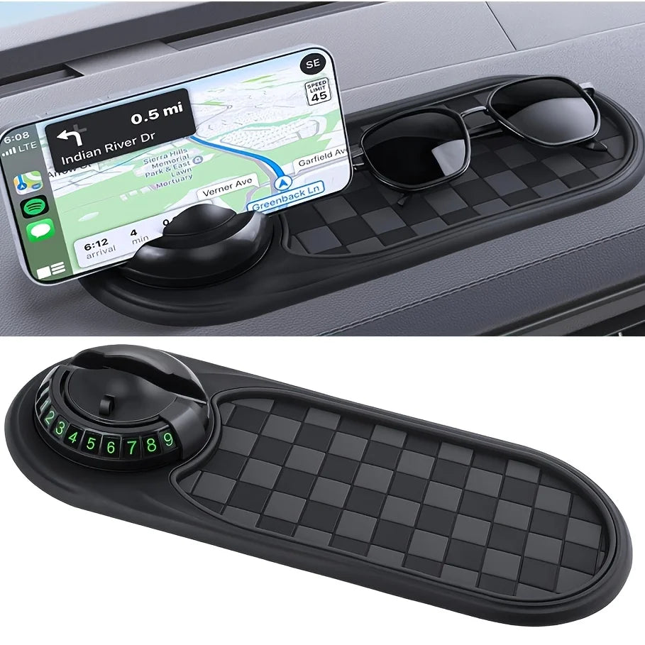 360 ° rotatable car anti-skid pad with phone holder and parking number - anti-skid dashboard manager for storing keys, phones and navigation, durable black car interior design, car phone holder, navigation aids, fun design,