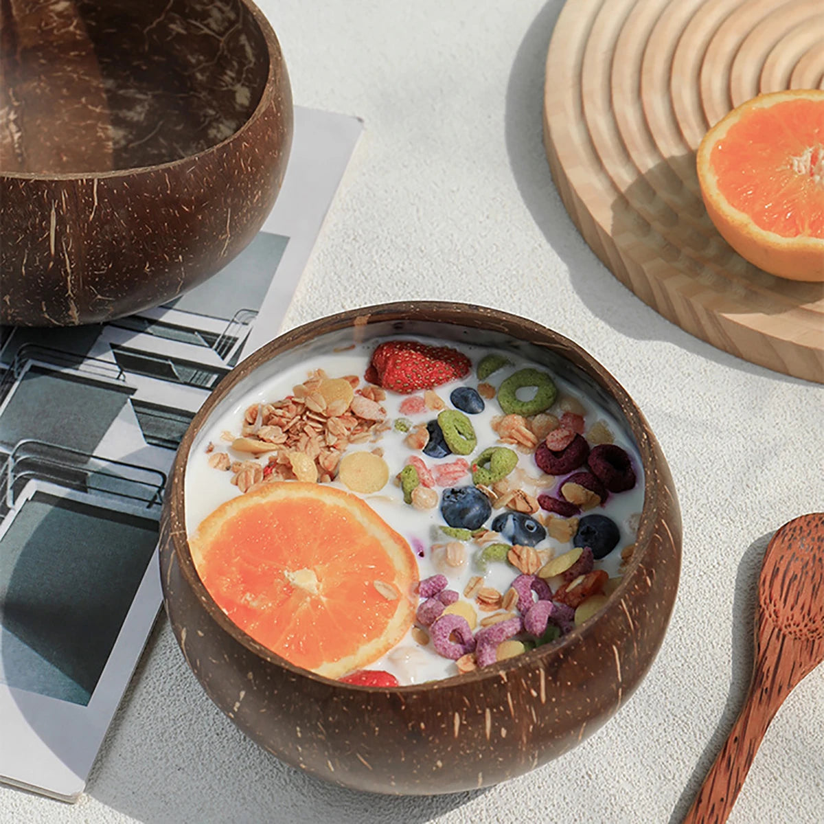 Natural Coconut Shell Bowl And Spoon Set For Serving Dishes Salad Wooden Reusable Kitchen Tableware Coconut Bowls Fruit Bowl