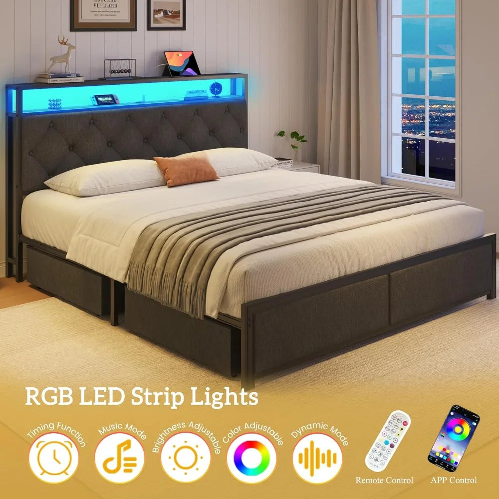 Modern Upholstered Bed Frame With Integrated Led Charging Port