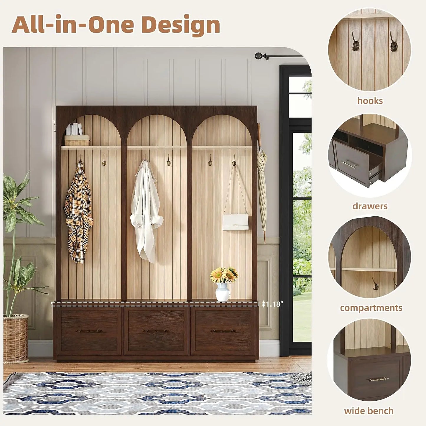 Farmhouse Wood Hall Tree with Shoe Bench & 3 Drawers, 4-in-1 Coat Rack 8 Hooks for Entryway, Hallway