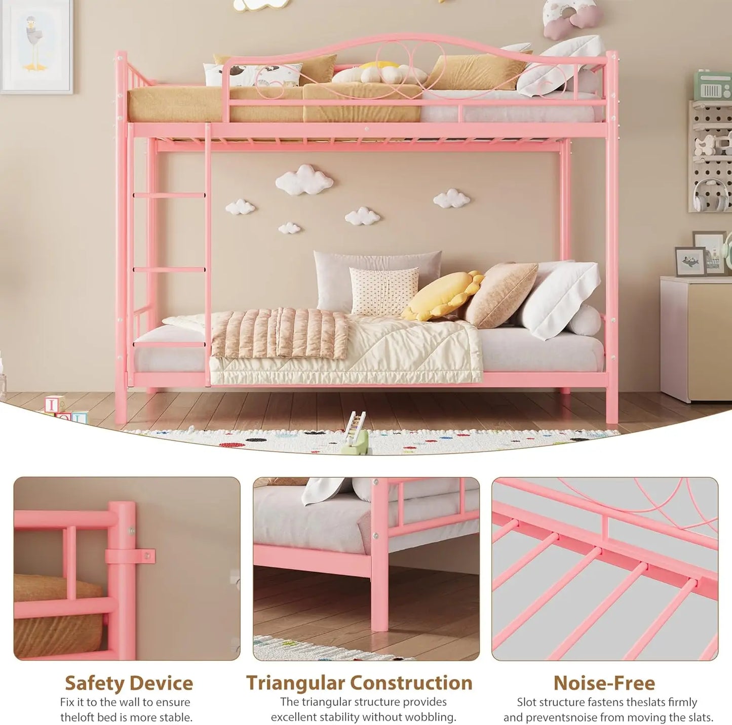 Bunk Bed Twin Over Twin with Ladder & Full Safety Guardrail, Heavy Duty Metal Twin Over Twin Bunk Bed 400 Lbs Load Capacity, Space-Saving, Noise Free, No Box Spring Needed, Easy Assembly, P