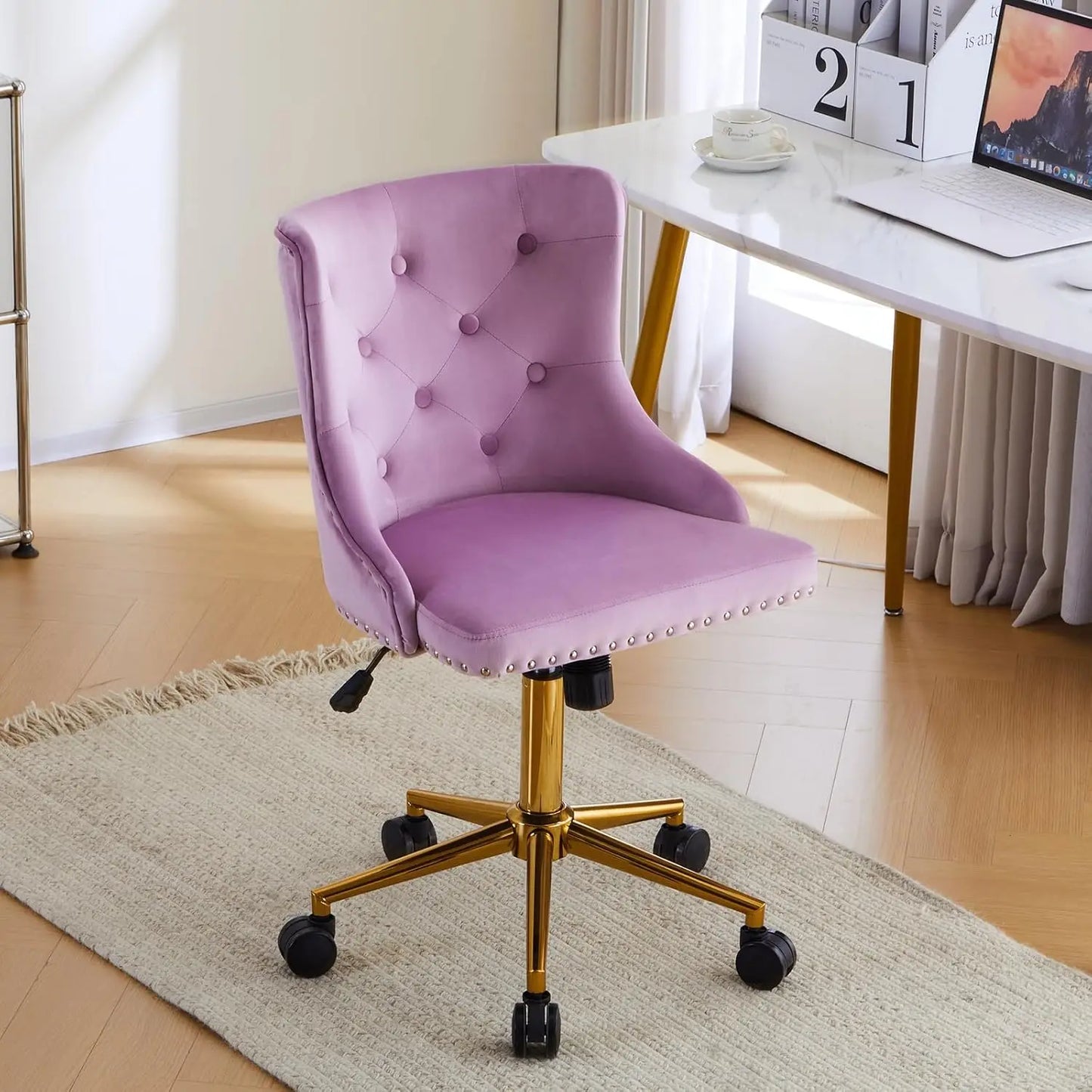 Luxurious Velvet Tufted Armless Office Chair With Wheels