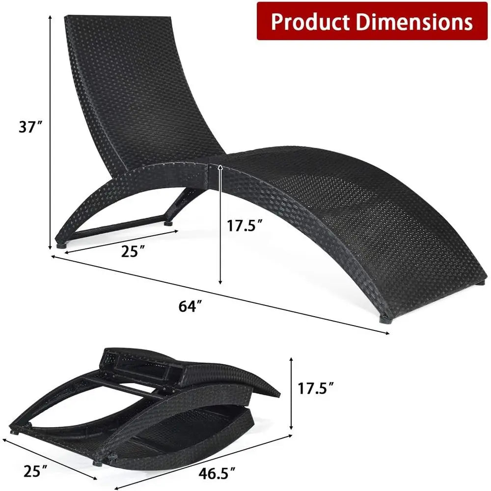 2PCS olding Rattan Lounge Chair Outdoor, Patio Wicker Chaise Lounge with Sot Cushion, Ergonomic Support Shaped, Portable Pool Lo