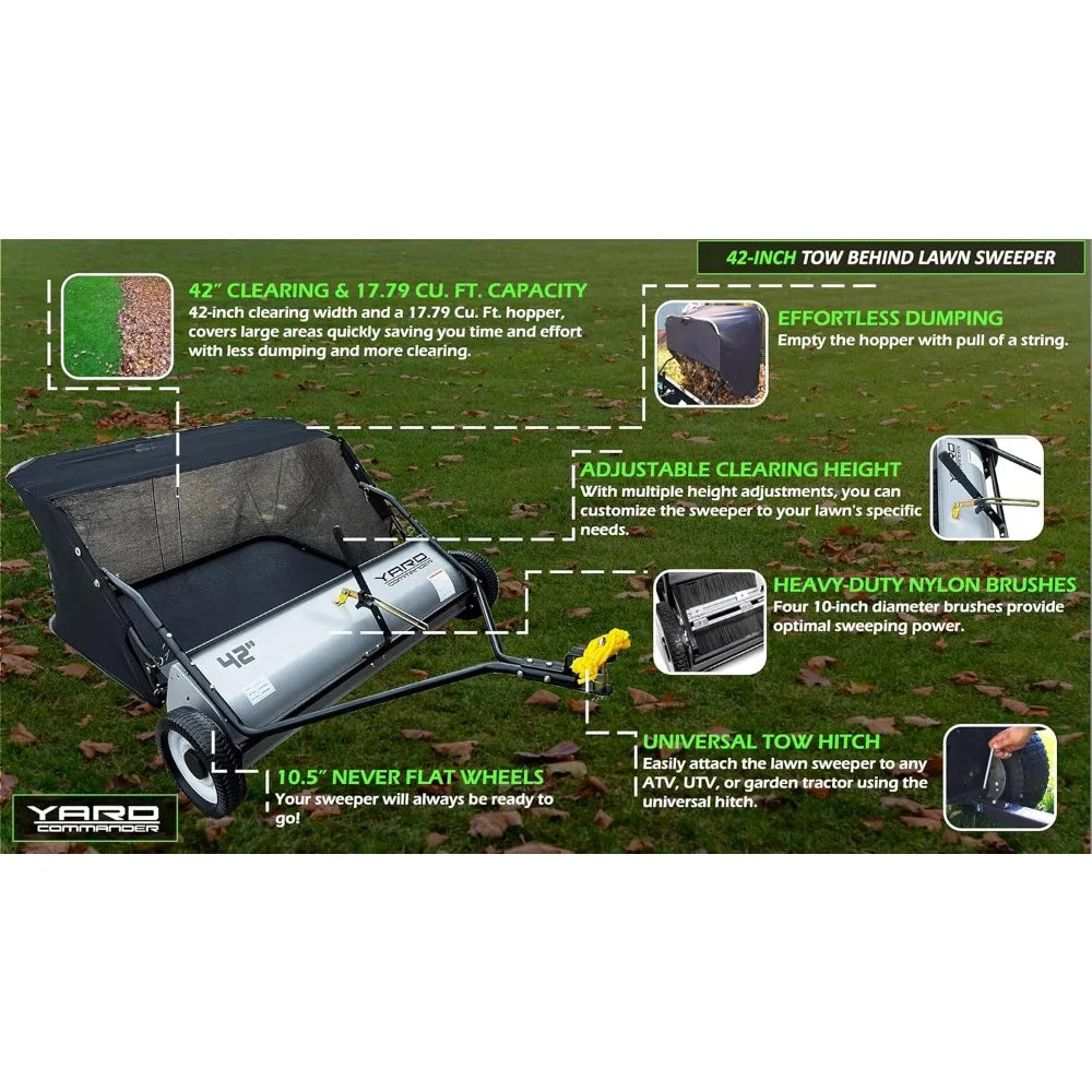 42-Inch Tow-Behind Lawn Sweeper, 10" Nylon Brushes, Universal Tractor/ATV Hitch, Never-Flat Wheels, Adjustable Height, 1-Year Wa