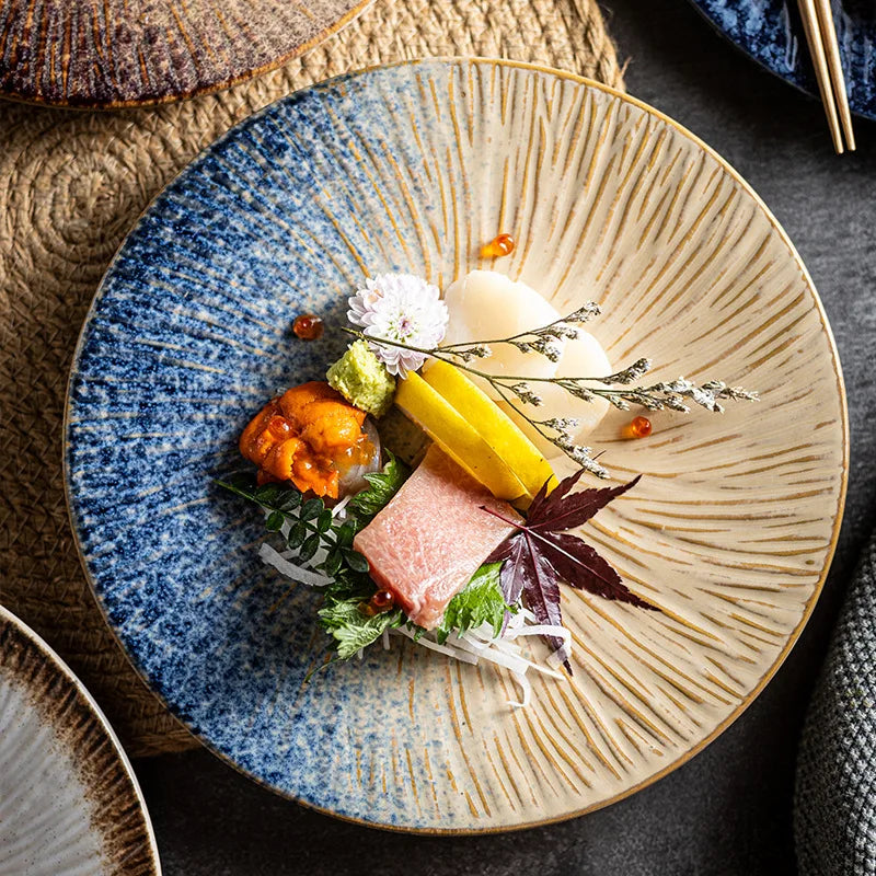 Ceramic Steak Plates Set Dinnerware Underglaze Flat Round Plates for Home Kitchen Restaurant Service