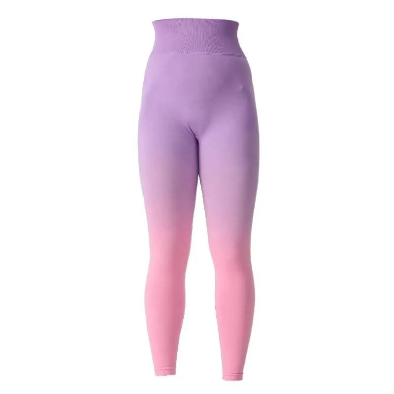 High Waist Color Gradient Yoga Pants Women Seamless Knit Gym Leggings Quick Dry Breathable Workout Tights Scrunch Butt Lift Peach Hip Long Fitness Pants for Cycling Training Activewear