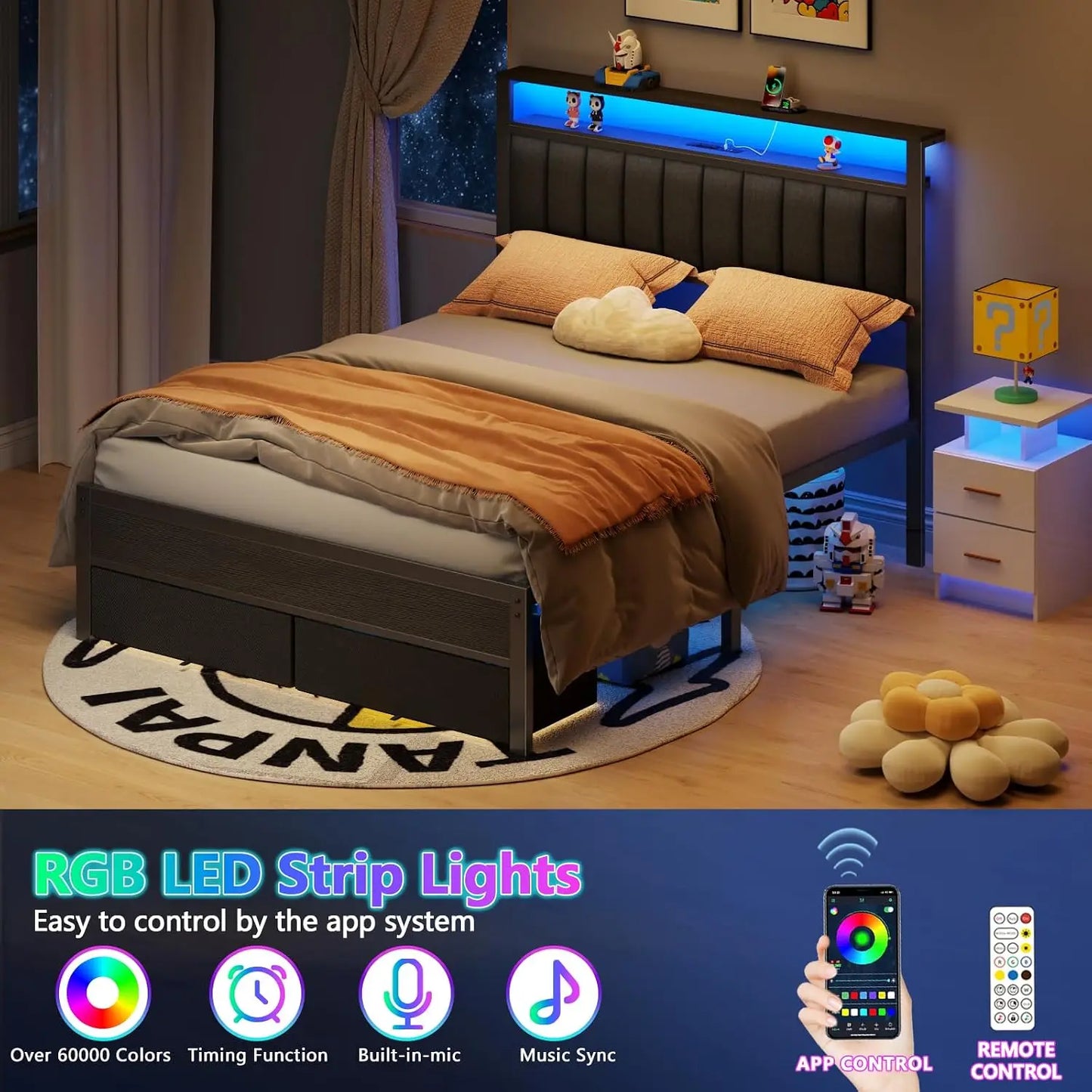 Queen Bed Frame with Charging Station and LED Lights, Grey Upholstered Headboard with Shelves, Metal Platform Bed with 2 Under-Bed Storage (Fabric Drawer on Wheels), No Box Spring Needed