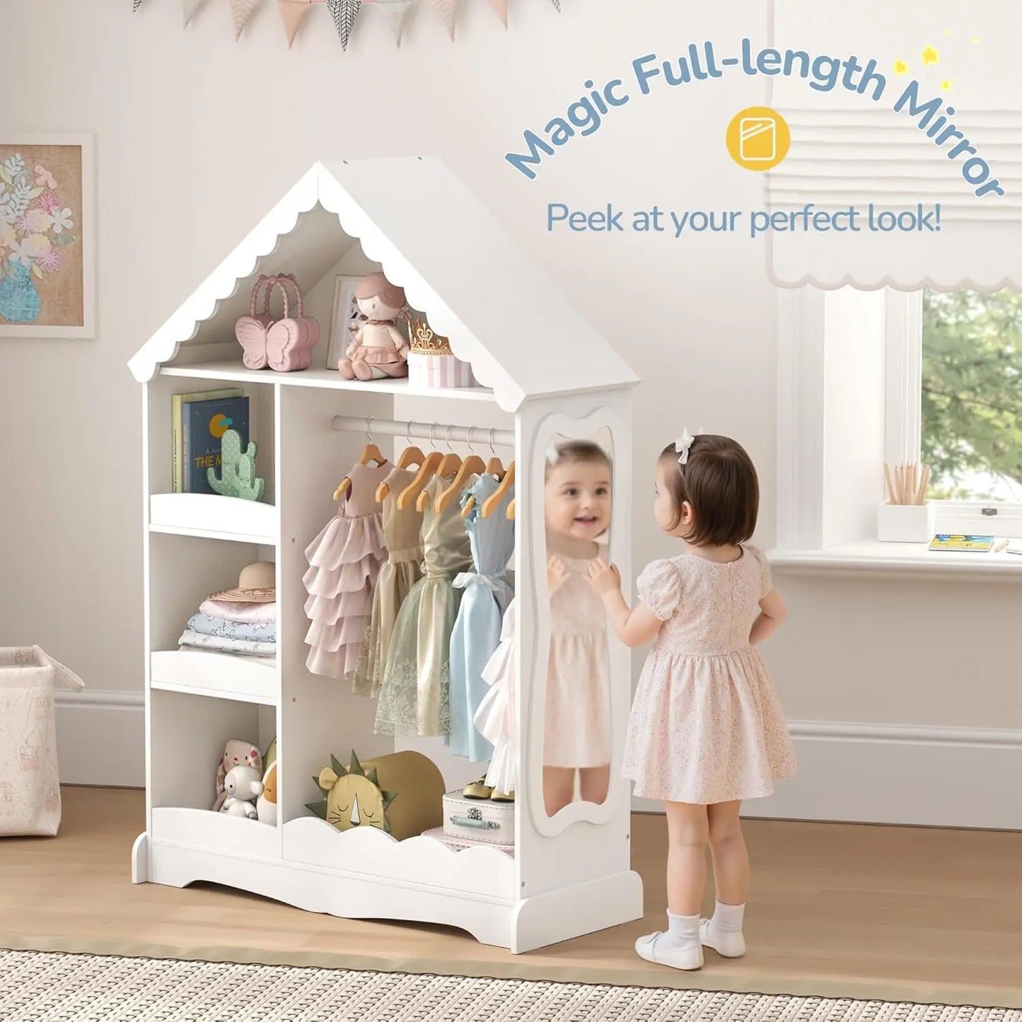 Dollhouse Kids Dress Up Storage with Full-Length Mirror & Touch Activated Light, Open Hanging Kids Wardrobe Closet,