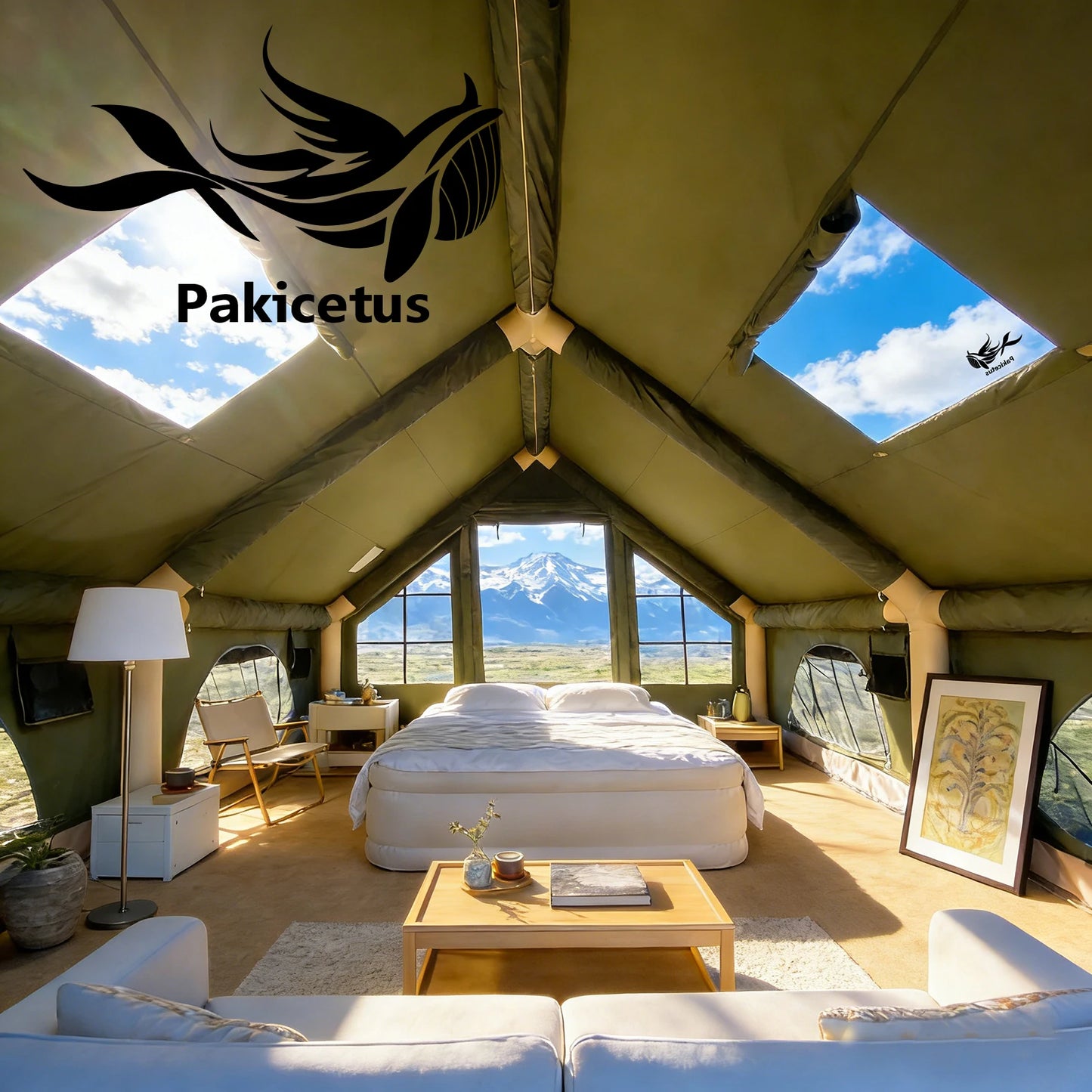 PAKICETUS Large Luxury Inflatable Glamping Tent with Manual Hand Pump, Easy Setup 4 Season Anti-Snow Spacious Family Shelter, Weatherproof Air Tent for Outdoor Camping, Backyard Party & Wilderness Adventure