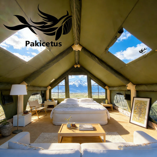 PAKICETUS Large Luxury Inflatable Glamping Tent with Manual Hand Pump, Easy Setup 4 Season Anti-Snow Spacious Family Shelter, Weatherproof Air Tent for Outdoor Camping, Backyard Party & Wilderness Adventure