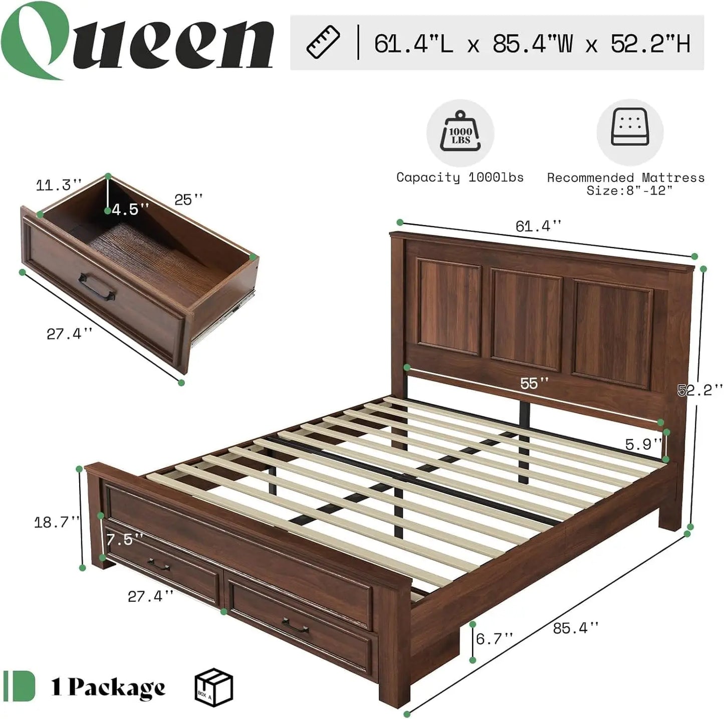 52.2" Queen Size Farmhouse Bed Frame with Headboard, Rustic Brown | Tall Panel Headboard & Footboard, Wood Platform Bed, Custom