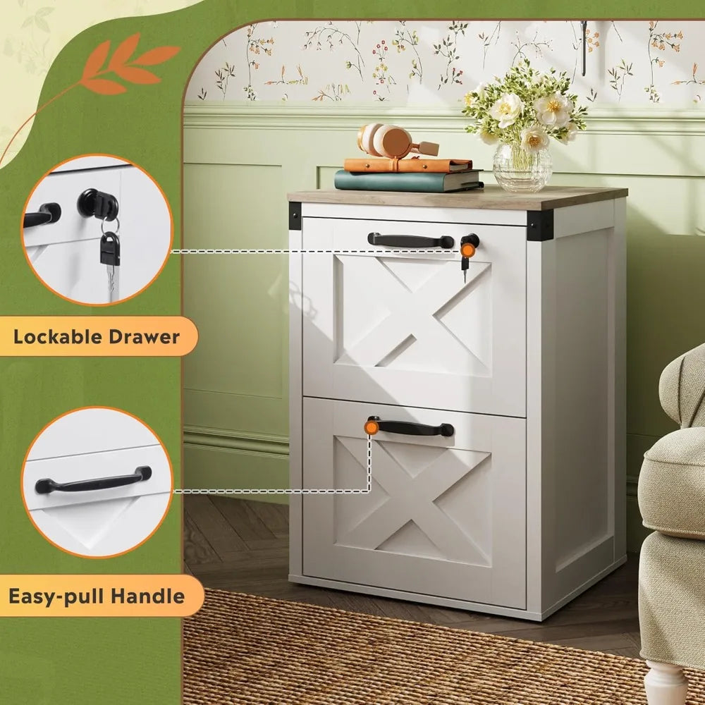 2 Drawer File Cabinet with Lock, Wood Farmhouse Filing Cabinet for Home Office, Printer Stand Fits Letter and A4 Size