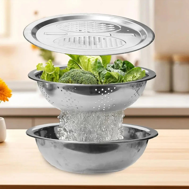 Vegetable Slicer Set 3PCS/1Set Stainless Steel Potato Cutter with Washing Basin Drain Basket Multifunctional Vegetable Chopper