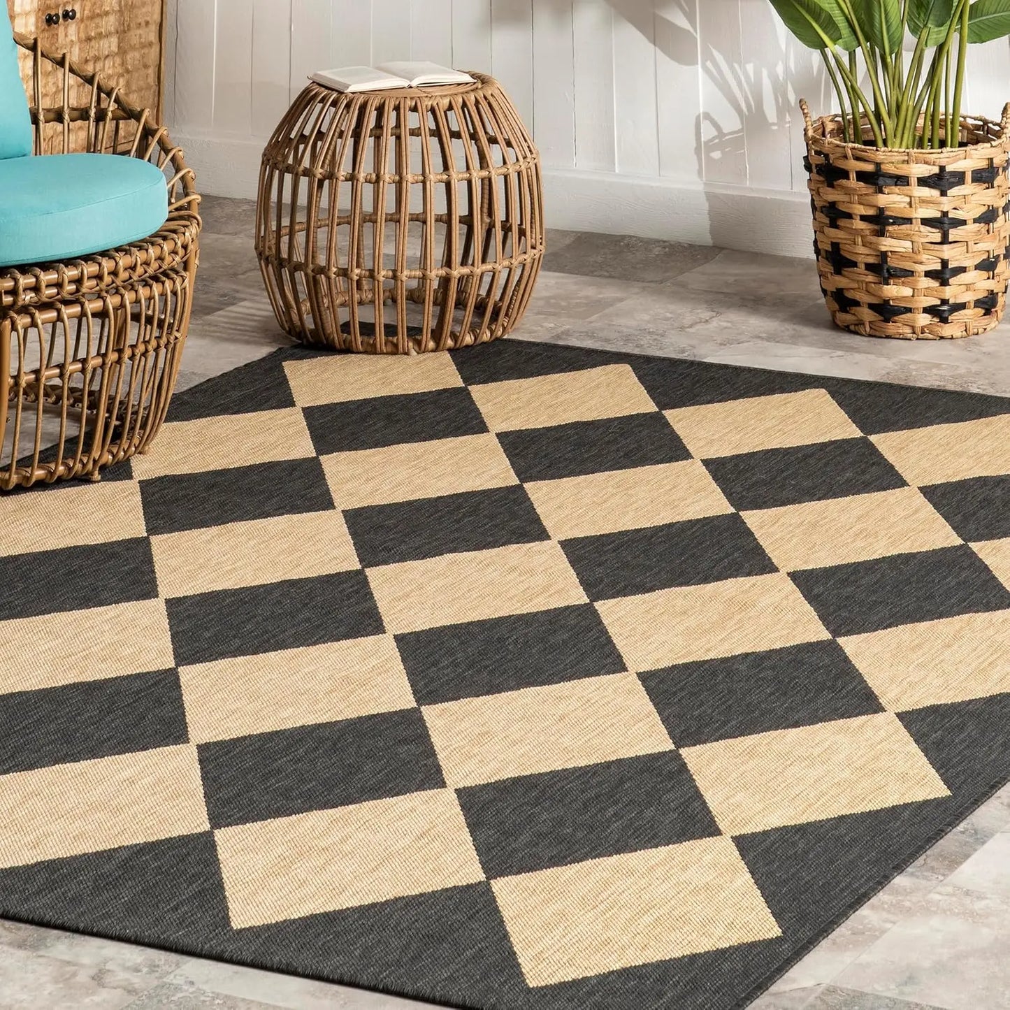 Dark Grey 6ft7in Square Stain Resistant Indoor Outdoor Patio Deck Garden Area Rug, Customized