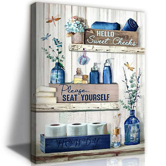 Navy Blue Bathroom Decor Wall Art Rustic Blue Bathroom Canvas Wall Decor Please Seat Yourself Sign Print Painting Vintage Aesthe