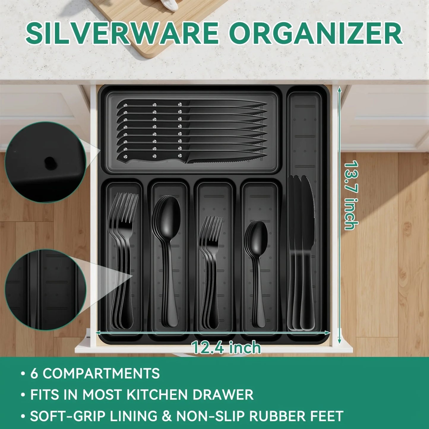 49pcs Black Silverware Set with Organizer, Stainless Steel Flatware for 8, Forks And Spoons Silverware Set Cutlery Set with Steak Knives, Rust-proof, Mirror Polished,, Dishwasher Safe