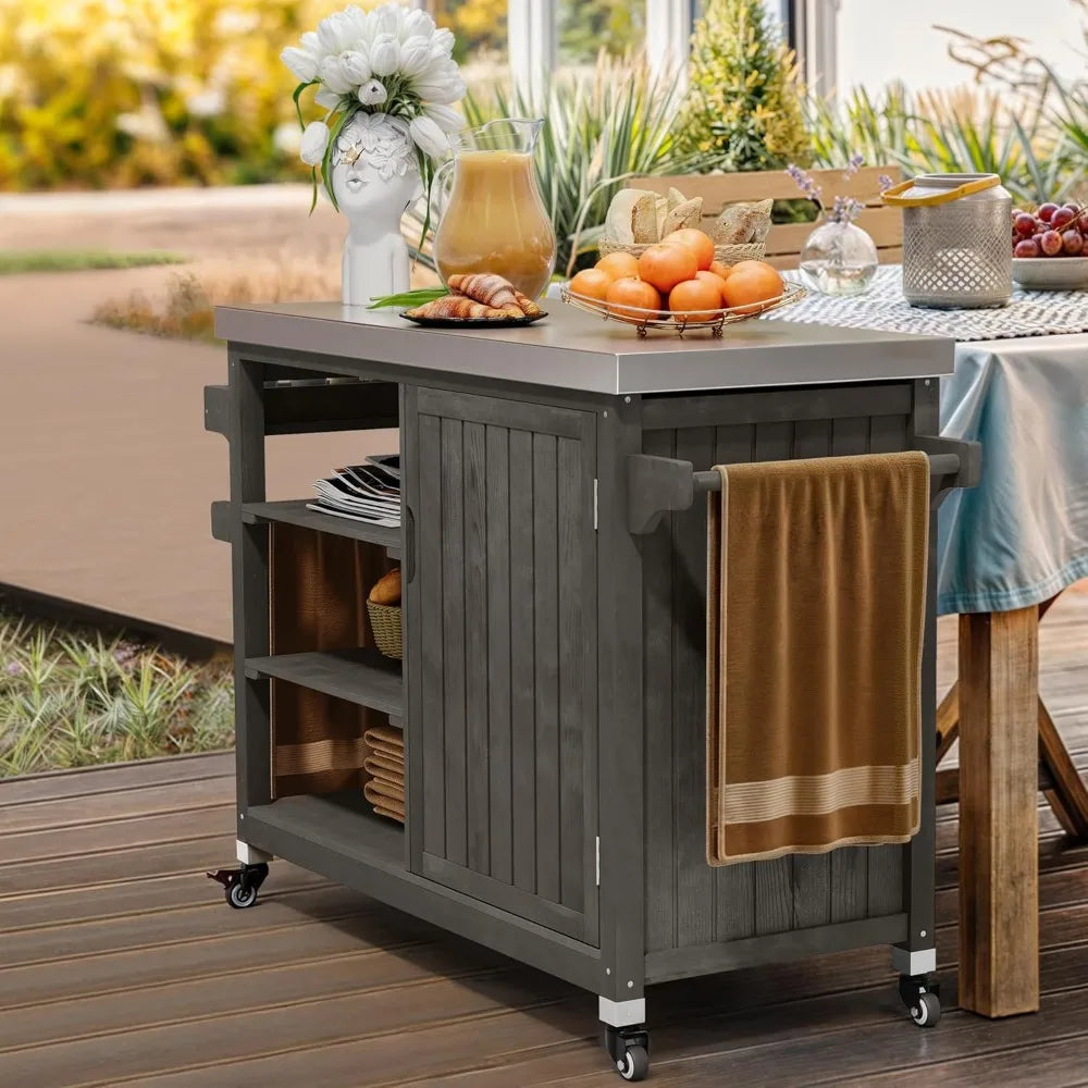 Solid Wood Outdoor Grill Cart With Stainless Table