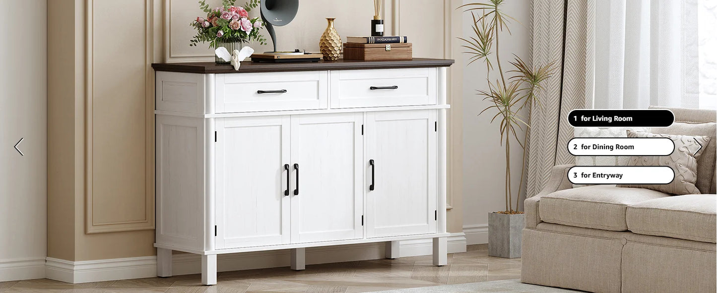 48 Inch Farmhouse Buffet Cabinet with 3 Doors & 2 Drawers, Wood Coffee Bar Storage Cabinet Adjustable Shelves for Kitchen Living Room