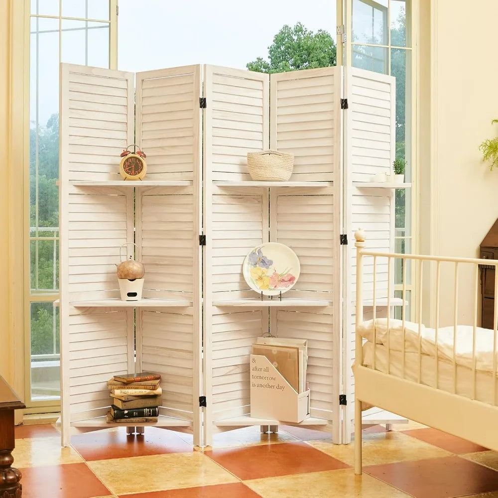Room Divider with Shelves, 5.6 Ft Tall Folding Wood Screen