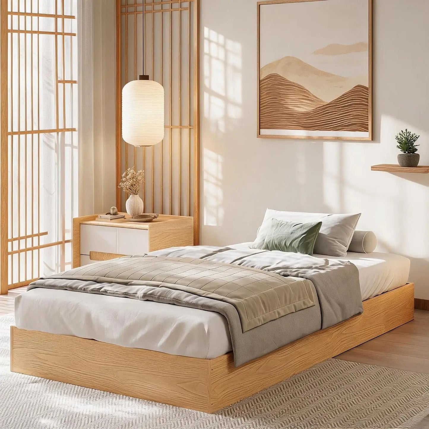 Garvee Living Room Bed Frame Easy Sturdy Assembly Bedroom Frames with Low Profile Design Eco-Friendly Bed Wood Slats Support Home Furniture Without Headboard