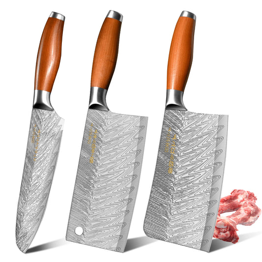 3-Piece Japanese Professional Kitchen Knife Set - Damascus Steel Pattern Chef Knife Utility Knife Meat Cleaver Boning Knife