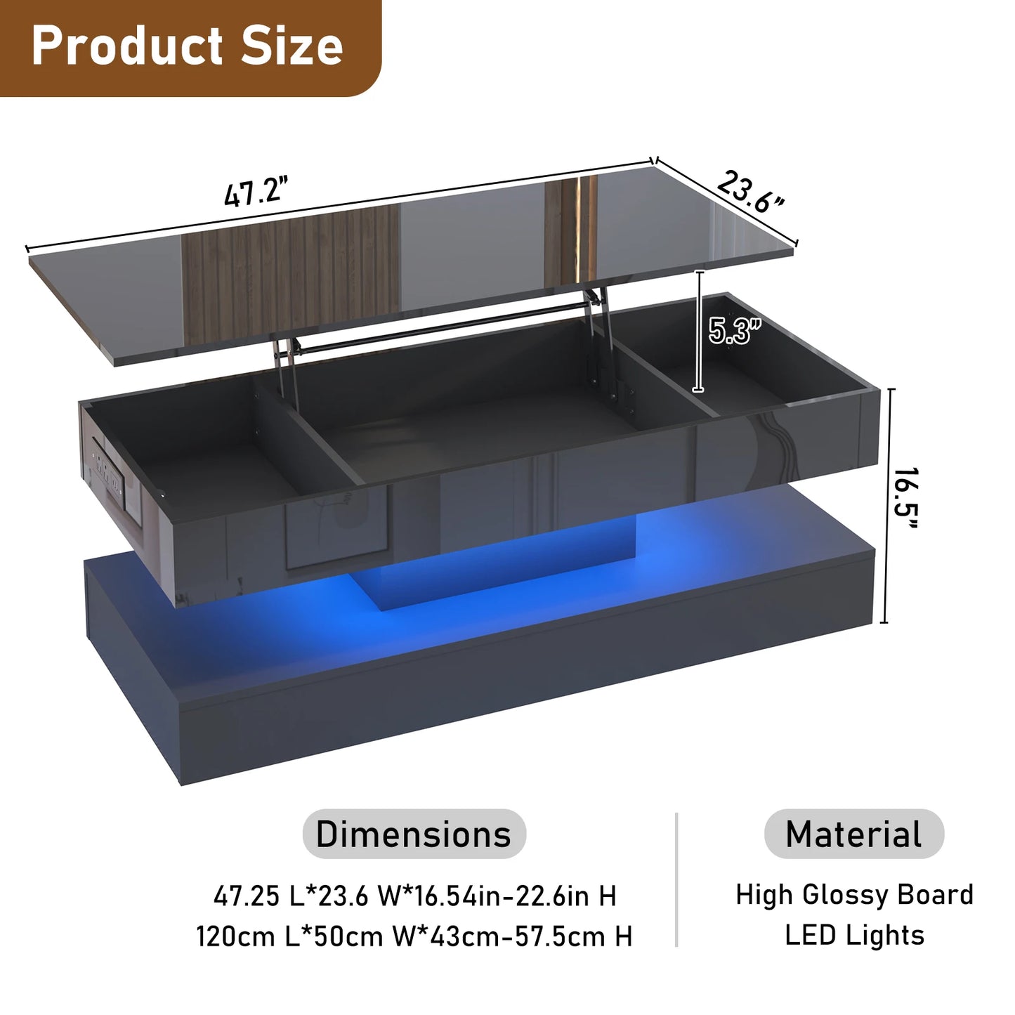 LED Coffee Table With Open Display Shelf And Storage