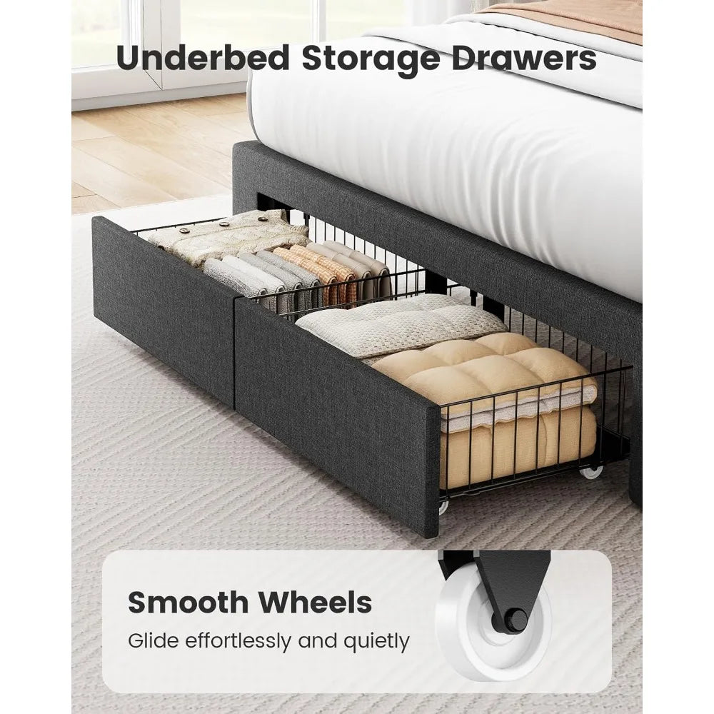 Full Size Solid Wood Platform Bed Upholstered Headboard 2 Storage Drawers 12 Sturdy Legs Fit 6"+ Mattress, Custom